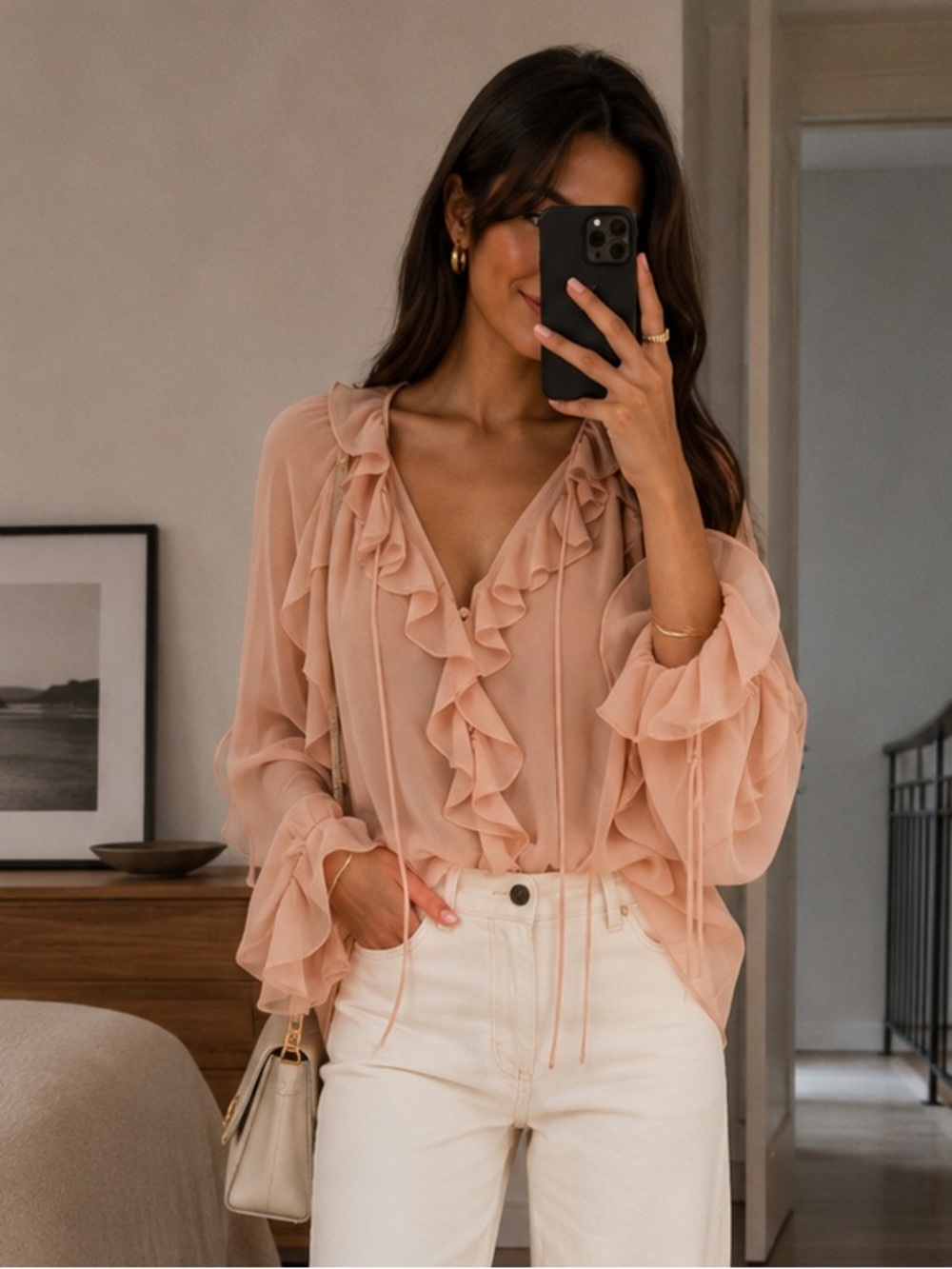 Kobi Halperin Bailey Ruffle Tie Neck Chiffon Blouse Chai Pink Size S NWT